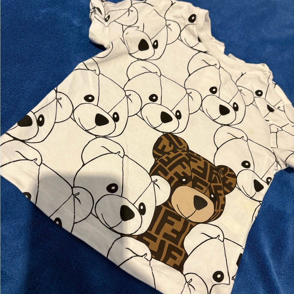 18 month Fendi White Tee with Black Outline Bear and Brown Logo Bear